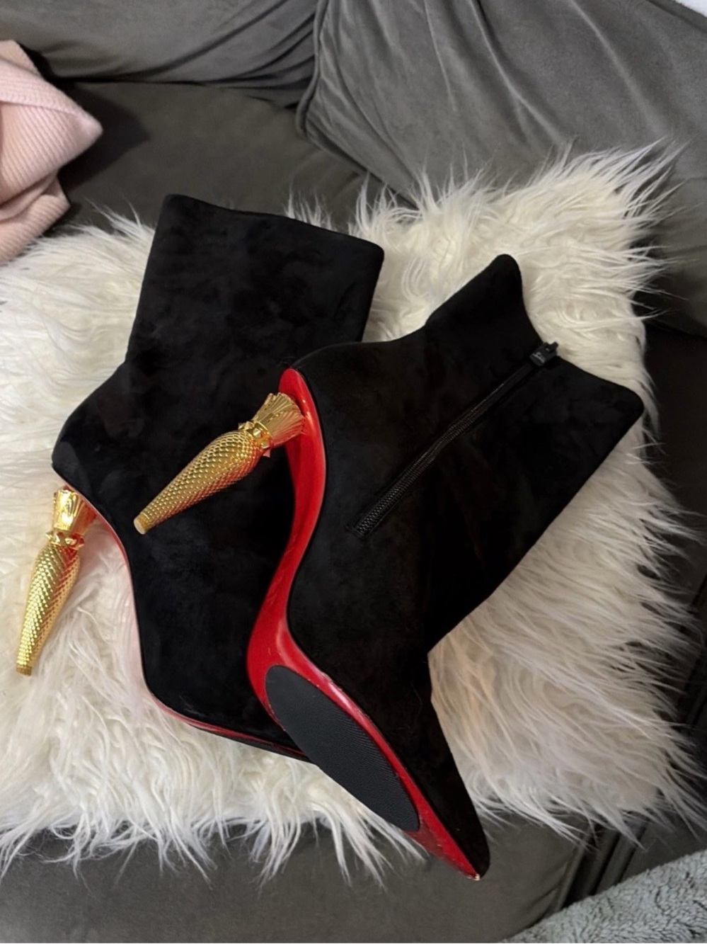 Christian Louboutin Black Suede Ankle Boots with Red Sole and Gold Spike Heel